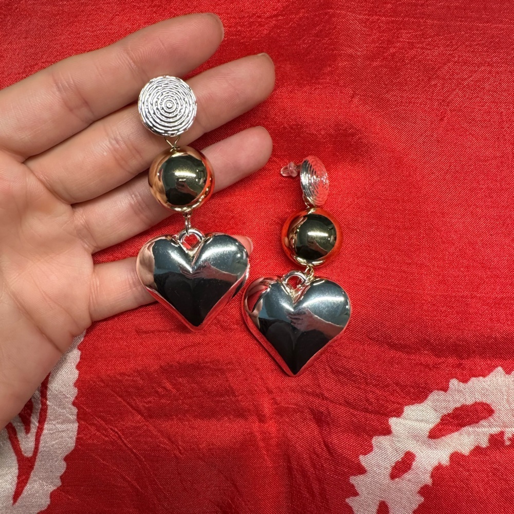 Gold and Silver Heart Drop Earrings - Picture 3 of 5